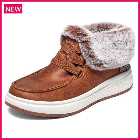 Shoes - Women's Vegan Leather Boots with Faux Fur Collar & Memory Foam